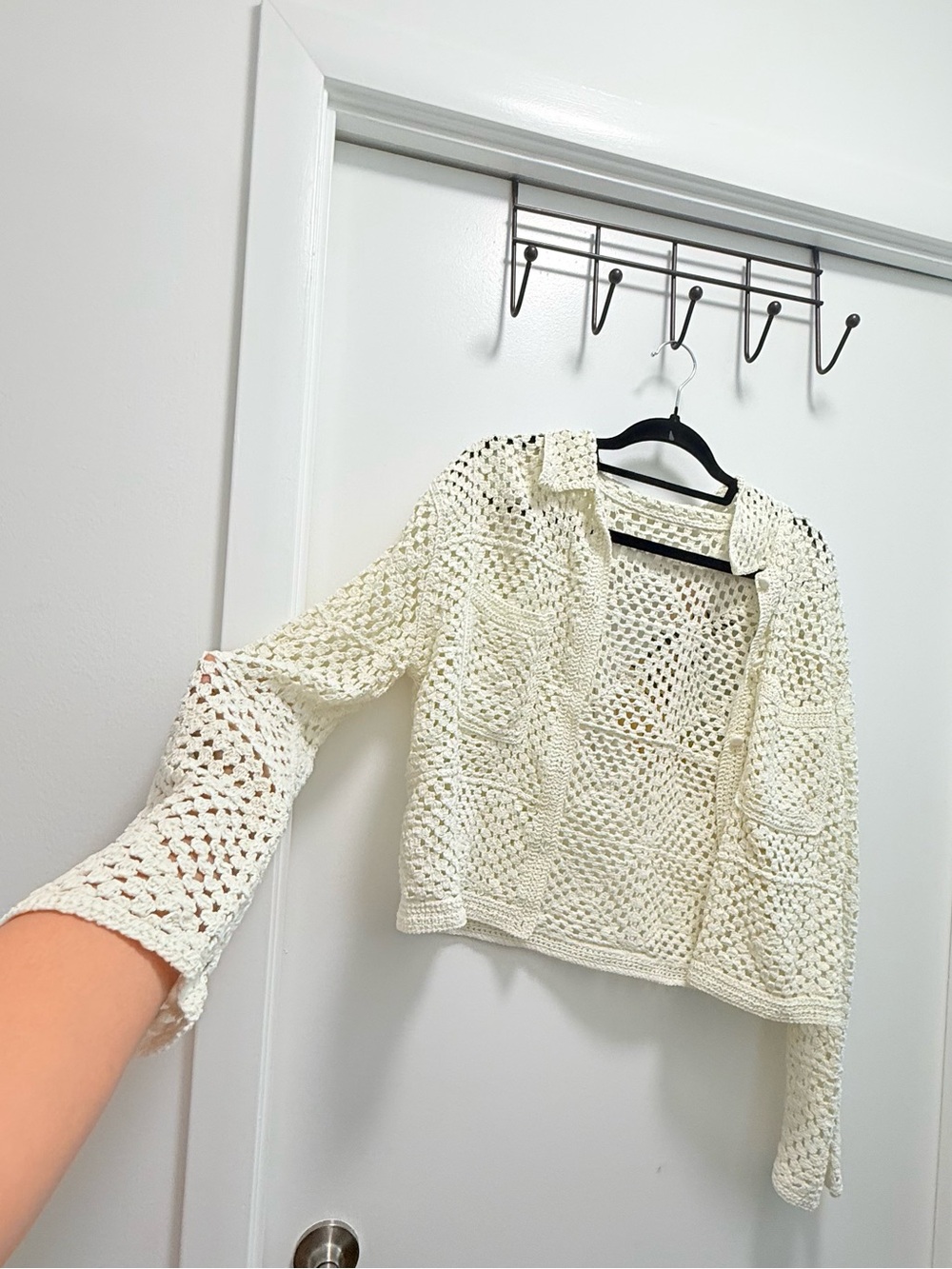 Next UK 100% Cotton Cream Open Weave Crochet Knit Button Up Shacket Cardigan M/L